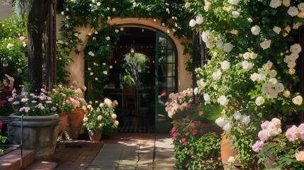 A quaint cafe entrance with a whimsical garden archway adorned with oversized planters filled with...