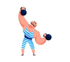 Cartoon circus strongman shapito character, sporting a retro-style handlebar mustache and striped one-piece, grins as he effortlessly lifts a giant barbells above his head with old-time funfair flair - 767569728