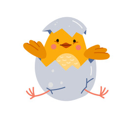 Cute cartoon chick character, adorned in yellow feathers, peeks out from cracked eggshell. Isolated vector hatching baby hen bird personage with innocent eyes and tiny beak exude irresistible cuteness
