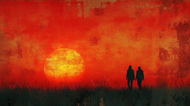 A couple in a field with sunset view. Created with Ai