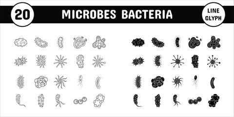 Microbes Bacteria Line Glyph Vector Illustration Icon Sticker Set Design Materials