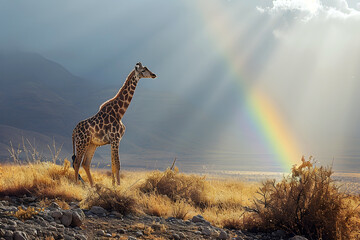 giraffe in the African savanna in the sunlight with a rainbow. mammals and wildlife - obrazy, fototapety, plakaty