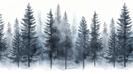 Fototapeta na wymiar Watercolor Pines in Fog Ambiance 