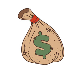 Money bag wild west western groovy item. Isolated vector sturdy canvas sack, used to carry coins or banknotes, marked with a dollar sign. Retro vintage nostalgic style game asset with american cash - 767570128