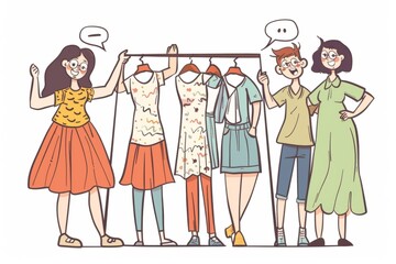 Cartoon cute doodles of happy customers trying on custom-made clothes and expressing delight with their new outfits, Generative AI