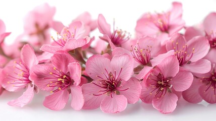 Bright Pink Cherry Blossoms Isolated on White Background - Close-Up Shot