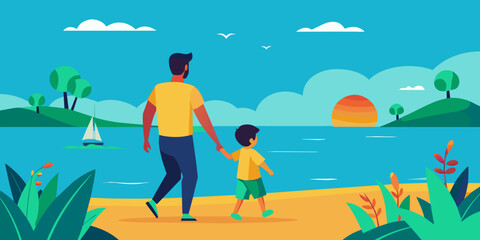 Hand in Hand by the Seaside: A Father-Child Beach Adventure (International Day of Families - May 15th, National Beach Day - August 1st, Go for a Walk in the Park Day - July 1st, Father's Day 