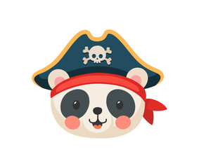 Cartoon panda bear animal pirate and corsair. Sailor and captain, skipper and boatswain character. Isolated vector cute, kawaii, sweet personage face in tricorn hat with skull emblem and red bandana