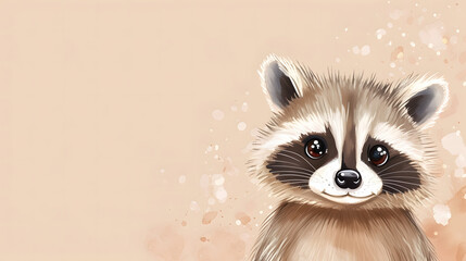 illustration of a cute cartoon raccoon on a light brown background with copy space, a background with an empty area for text