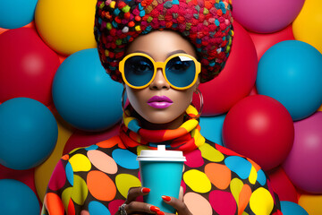 fashionable glamorous beautiful woman with glasses in colored clothes on a colored background with a plastic glass of coffee in her hand - obrazy, fototapety, plakaty