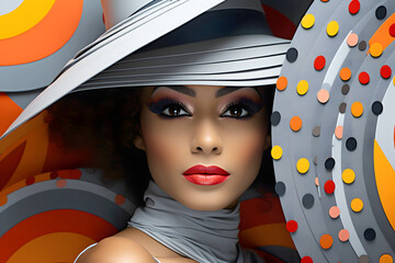 glamorous woman in a hat and colored clothes on a colored background. fashion and clothing style.