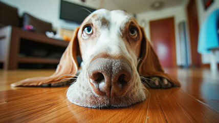 Naklejka na ściany i meble Wide angle view of dog face lying on floor, close up