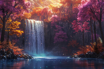 Beautiful landscape of waterfall. Created with Ai - obrazy, fototapety, plakaty