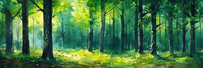 Watercolor painting of trees and a green forest. Generative Ai