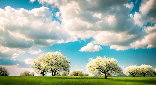 Serene Spring Landscape With Blossoming Trees and Fluffy Clouds