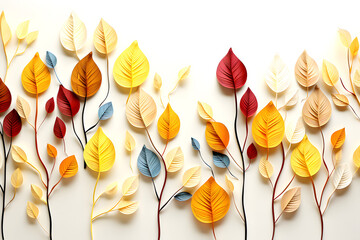 colored autumn leaves laid out in an ornamental pattern on a light background. top view