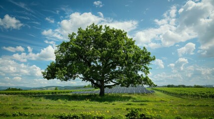 Fototapeta na wymiar A majestic tree standing in front of a solar farm symbolizing the harmonious coexistence of nature and renewable energy in our community. . AI generation.