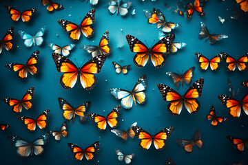 many colored butterflies on a blue background. insects. Flora and fauna