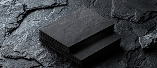 Business cards positioned horizontally on a textured black background.