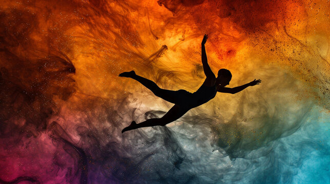 The Silhouette of a Woman Falling Set Against a Colorful Cloudy Abstract Background