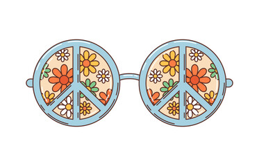 Retro groovy eyewear sunglasses exude vintage hippie vibe, featuring round frames adorned with vibrant peace signs and daisy flowers, encapsulating the spirit of the 60s and 70s hippy counterculture