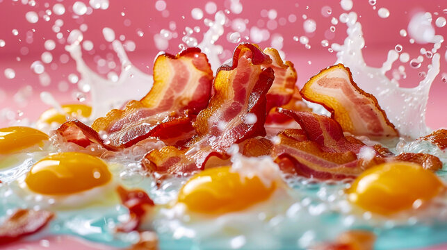 Sizzling bacon strips with splashing droplets captured in vibrant detail against a pink background