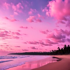 sunset, a beach in pink sky.