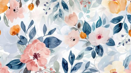 Blank mockup of a whimsical textile with handdrawn floral designs in watercolor hues perfect for a feminine and romantic bedroom. - obrazy, fototapety, plakaty