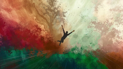 The Silhouette of a Man Falling Set Against a Colorful Cloudy Abstract Background