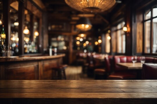 Empty wooden table rustic pub interior in vintage restaurant bar