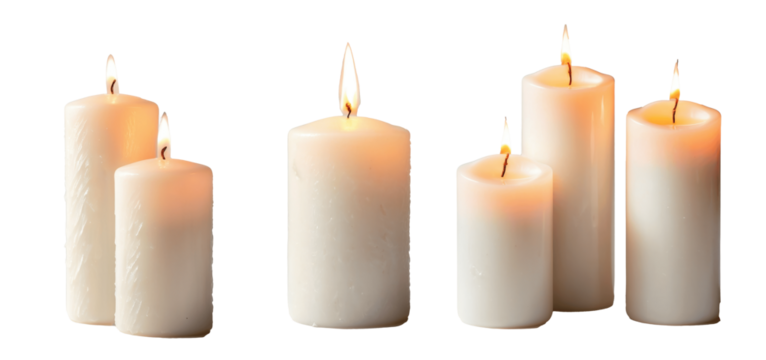 three burning candles isolated on transparent background