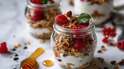 Jar of granola with raspberries and honey