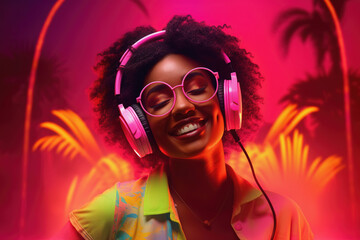 Young African American Woman in headphones Enjoying Summer Vibes - obrazy, fototapety, plakaty