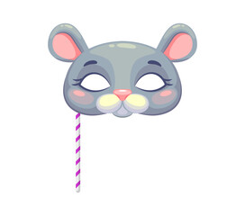 Cartoon mouse animal mask for kids carnival or festival party, vector face. Masquerade mask of funny mouse muzzle on stick for kids happy zoo or carnival masquerade or mask festival costume props