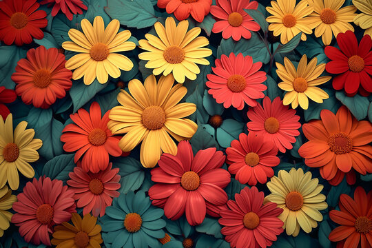 Red and yellow daisy flowers backdrop in retro colors on blue. Abstract floral groovy background with colorful buds.