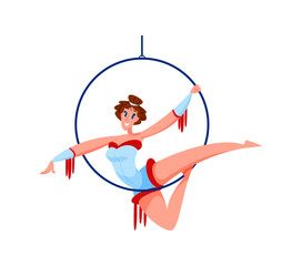 Cartoon shapito circus air gymnast woman character performs acrobatics on a suspended hoop with strength and flexibility. Isolated vector aerial dancer artist showing danger stunts on big top show