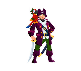 Cartoon pirate captain character with parrot. Isolated vector charismatic sea corsair or buccaneer personage in traditional hat and costume, confidently stands with colorful bird perched on shoulder
