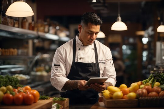 Restaurant male chef order food ingredients and groceries to kitchen using tablet