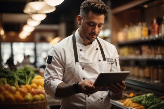 Restaurant male chef order food ingredients and groceries to kitchen using tablet