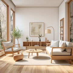 Fototapeta premium Interior of modern living room with beige walls, wooden floor, beige sofa and coffee table.