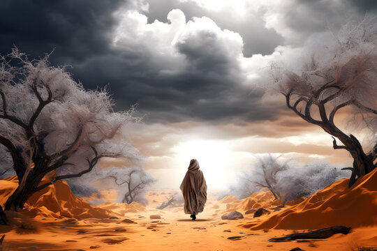 lonely woman in the desert near a tree. life road concept. human and nature