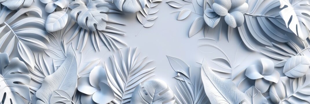 Tropical leaves in white geometric floral 3D tiles. Generative Ai