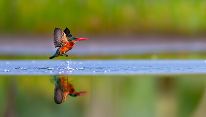 Fototapeta na wymiar Female Kingfisher emerging from the water after an unsuccessful dive to grab a fish. Taking photos of these beautiful birds is addicitive now I need to go back again
