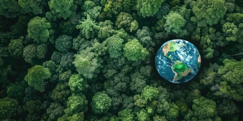 Aerial top view of green forest tree and a big global globe in a side  - obrazy, fototapety, plakaty