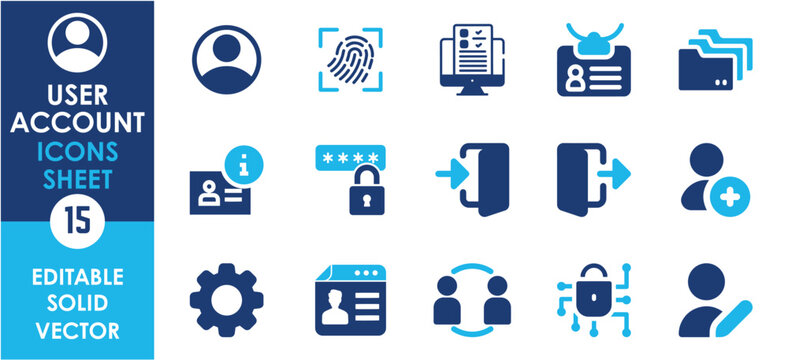 User account icon set. Containing profile, password, login, username, avatar and so on. Flat icons set related user accounting.
