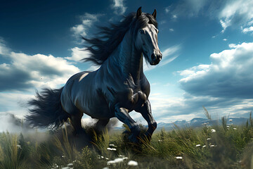 running thoroughbred muscular horse across the field. mammal. biology and fauna