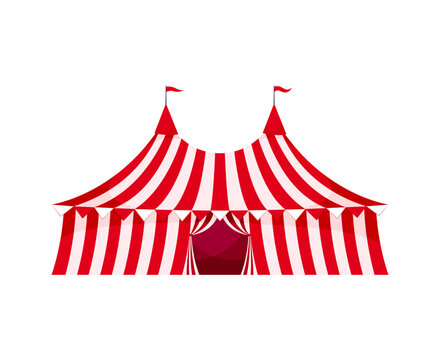 Cartoon shapito circus big top tent. Isolated vector large, striped, red and white carnival canvas shelter for funfair shows with acrobats, clowns, and animals. Amusement park marquee for performance