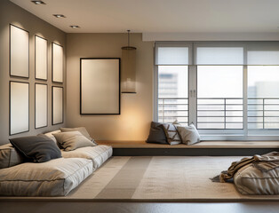Fototapeta na wymiar Loft interior design of minimal living room, zen-inspired Japanese minimalism low furniture with clean lines, tatami mats wall art and a large window