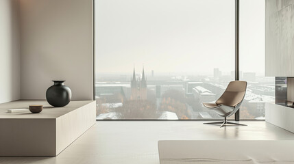 Loft interior design of minimal living room with a panoramic cityscape view a sleek chair, an elegant table with a vase and bowl, and large windows