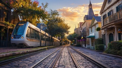 A quaint cobblestone street lined with charming old homes is intersected by a modern monorail showcasing the coexistence of the past and present.